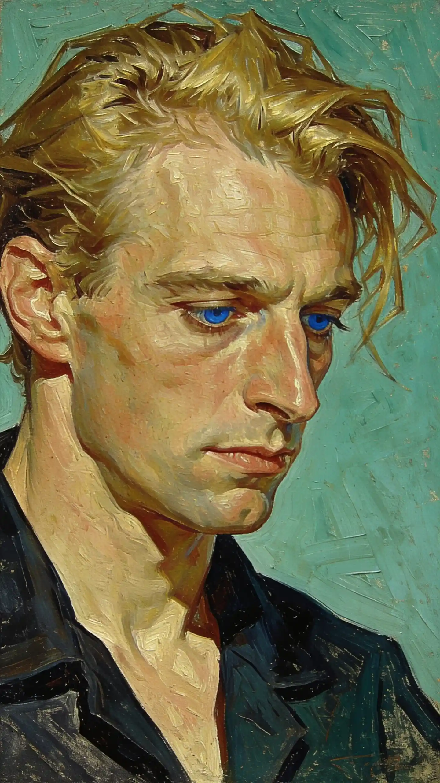 Pensive oil painted close up portrait of a blond man