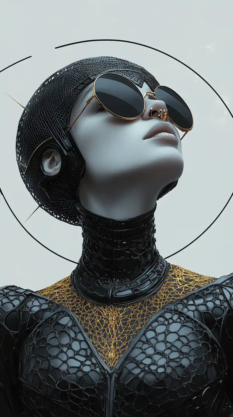 Futuristic armored woman with sunglasses and golden halo