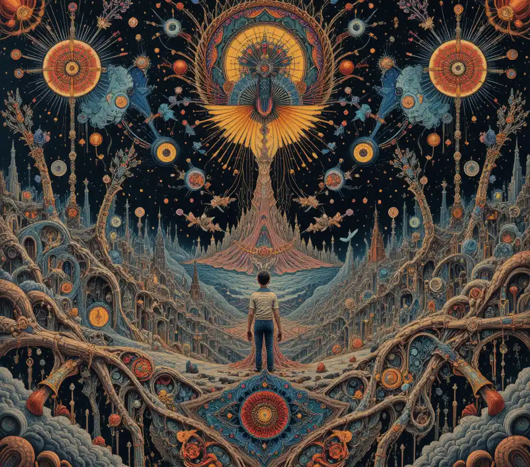 Psychedelic symmetrical landscape of dense abstract patterns