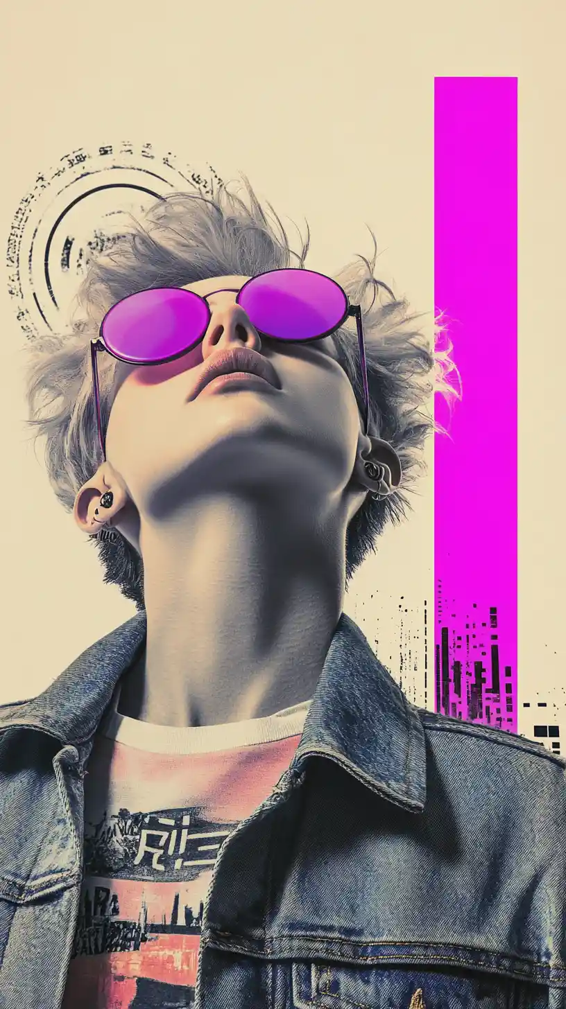 Androgynous portrait in neon collage graphic style
