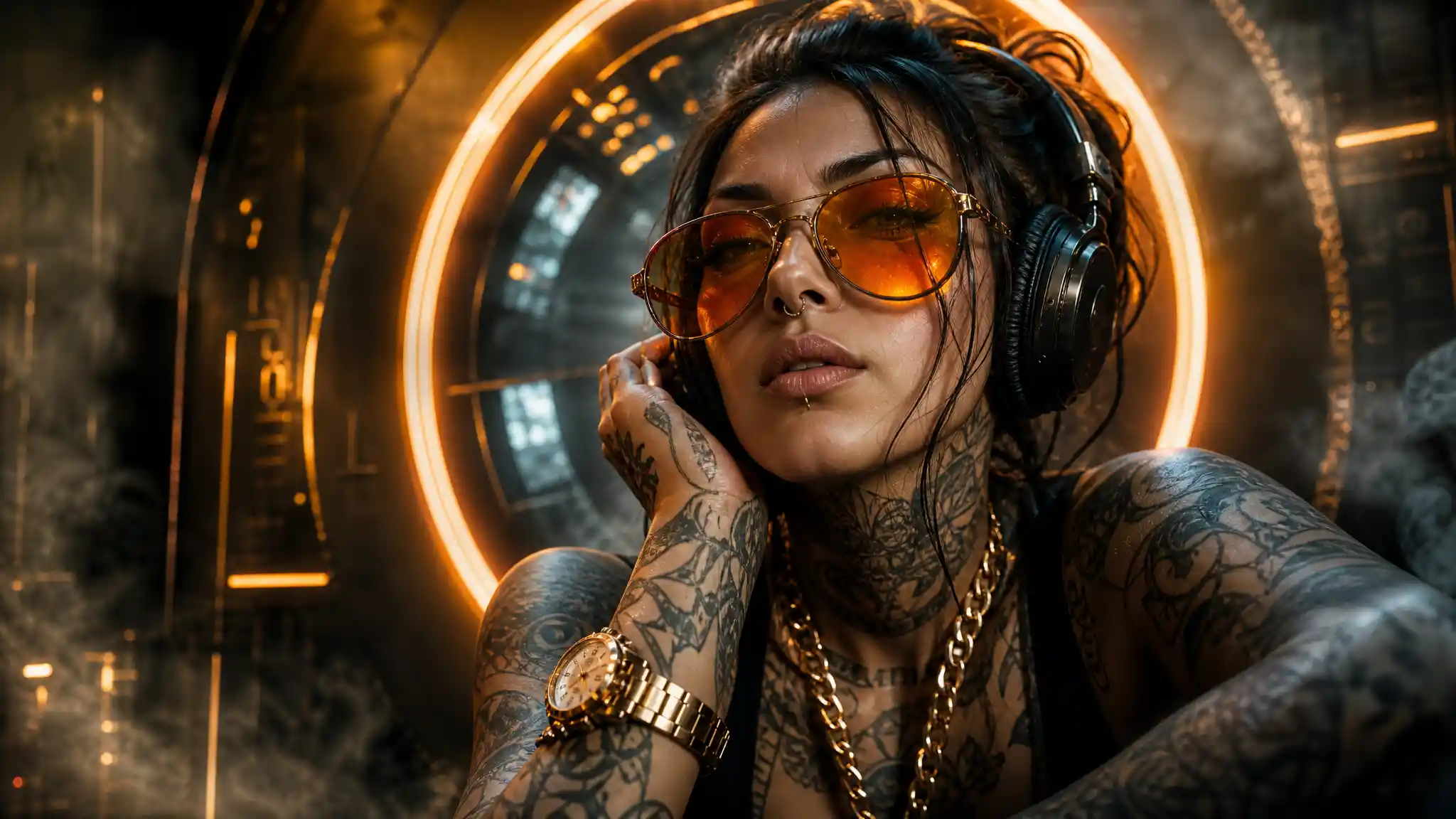 Confident tattooed woman in headphones and orange sunglasses