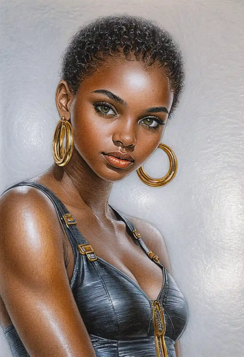 Color pencil portrait of confident black girl with earrings