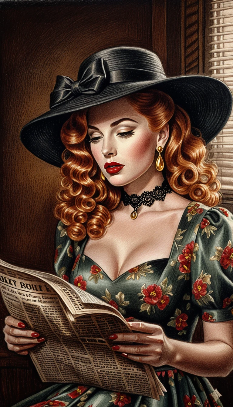 Vintage pin up woman reading a newspaper in shadowy light