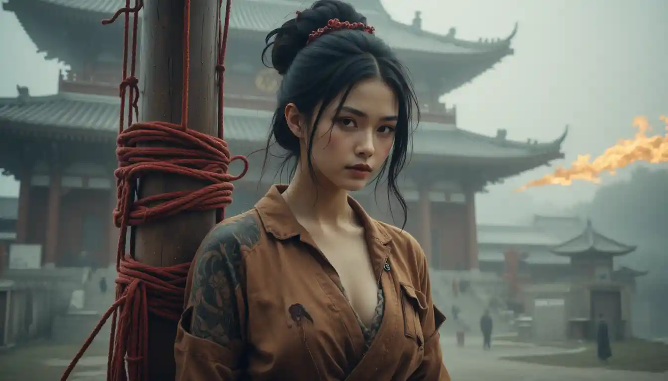 Japanese woman bound to a post with a dragon nearby