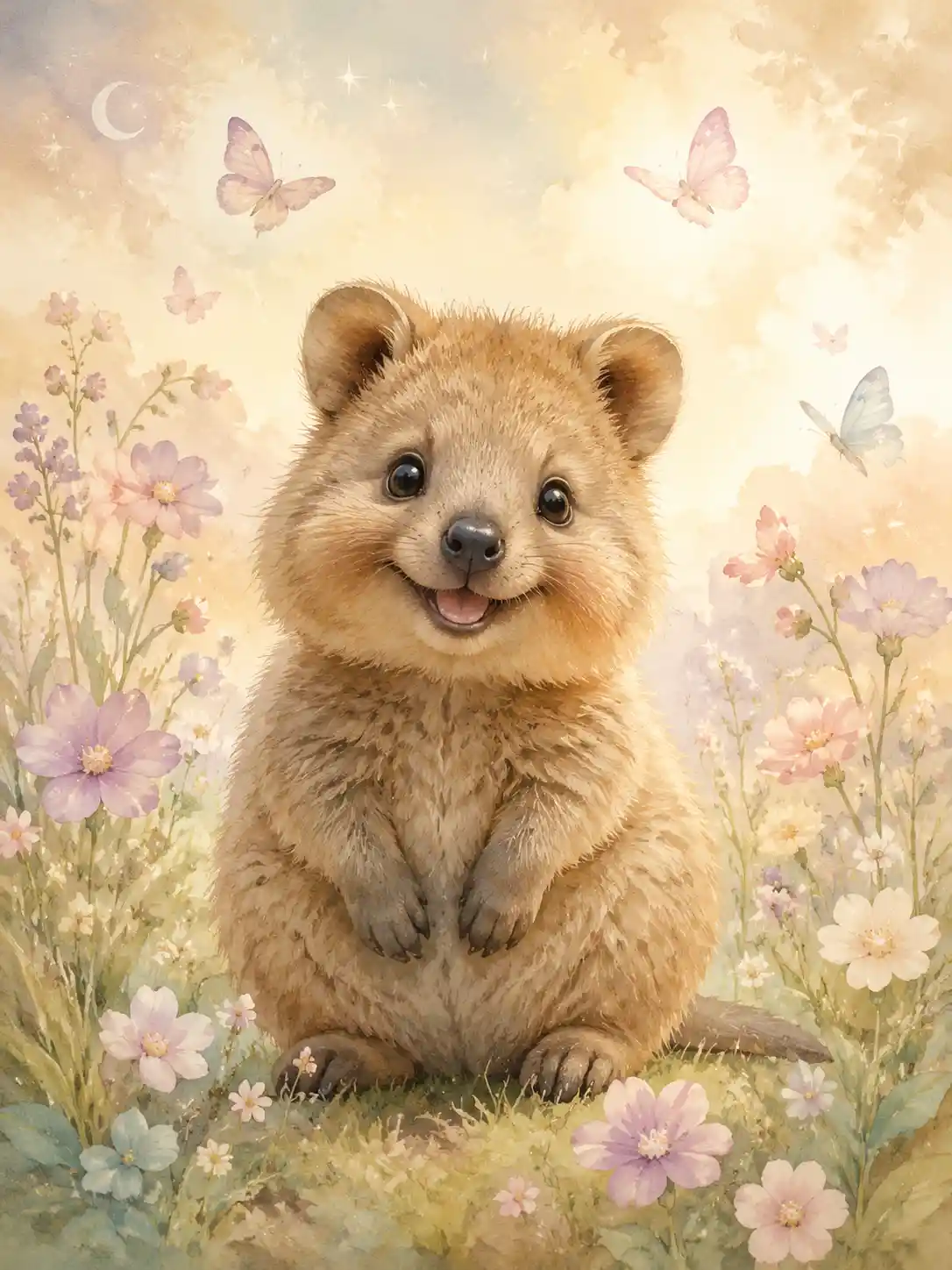 Cute baby quokka sitting in soft floral meadow art
