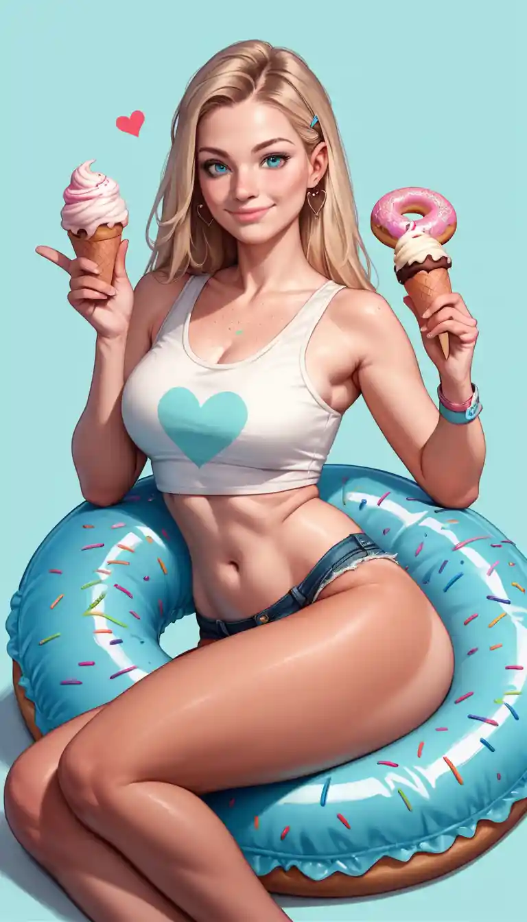Smiling girl with ice cream and inflatable donut float