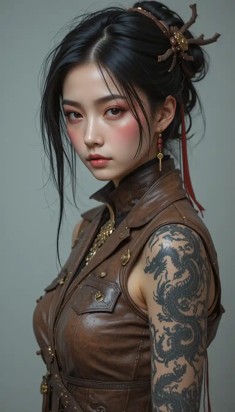 Asian woman in leather outfit with dragon back tattoo