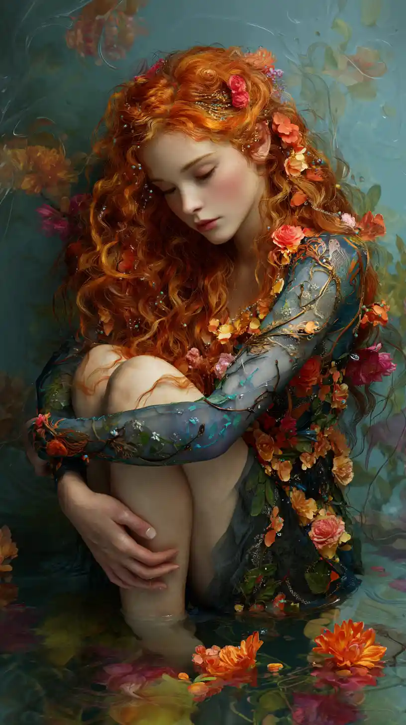 Ethereal woman with floral hair resting in still water