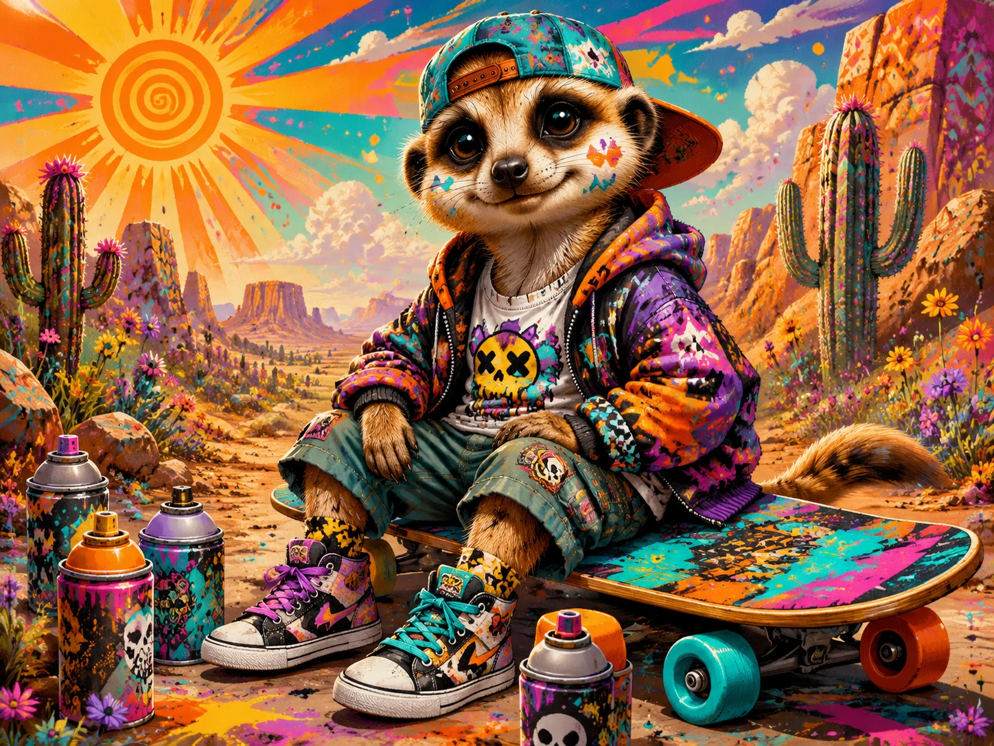 Playful Baby Meerkat Skater In Colorful Desert Scene