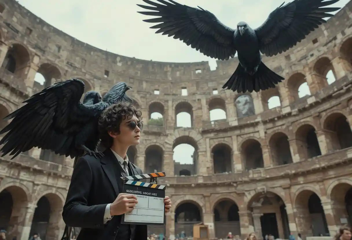Man whispering to a raven inside ancient stone arena