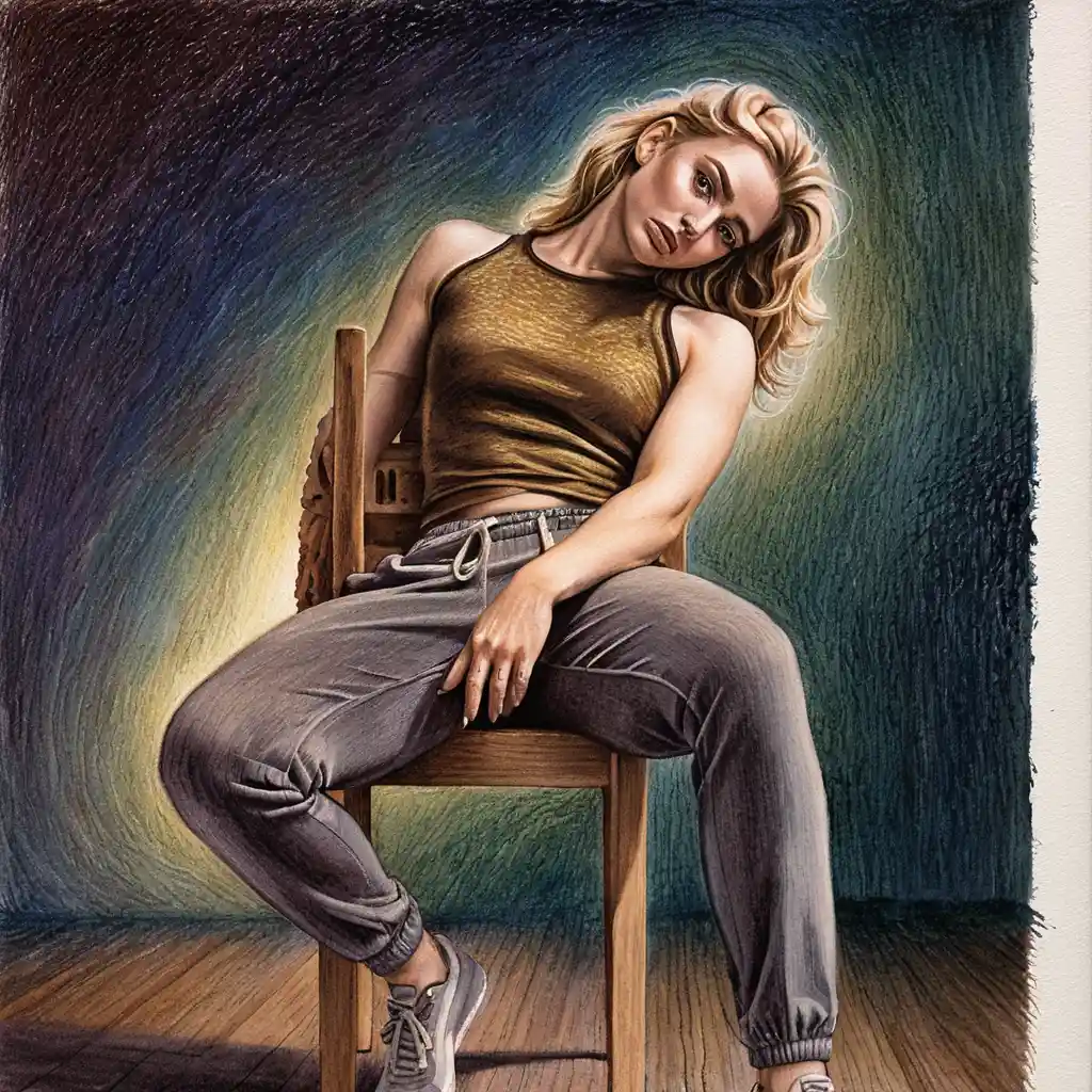 Seated woman in spotlight colored pencil portrait drawing