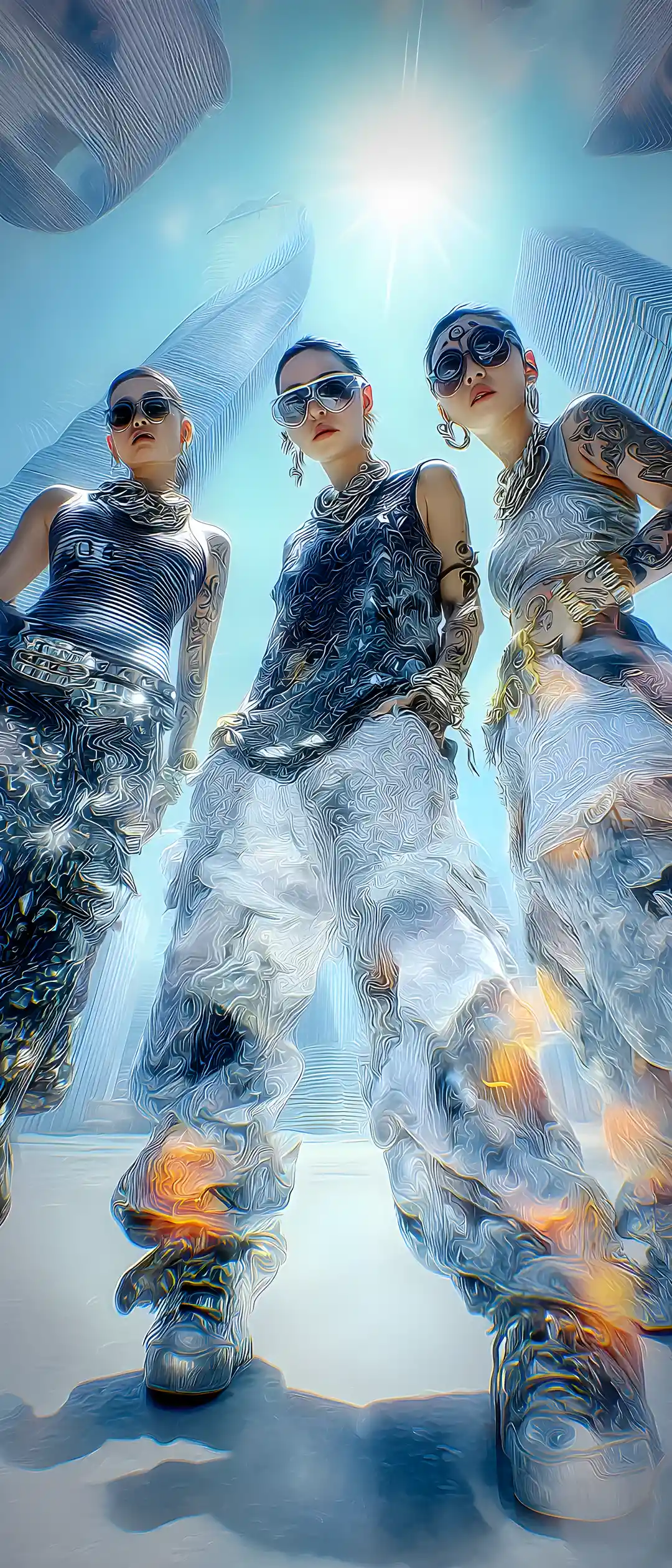 Futuristic hip hop dancers in cybernetic summer cityscape