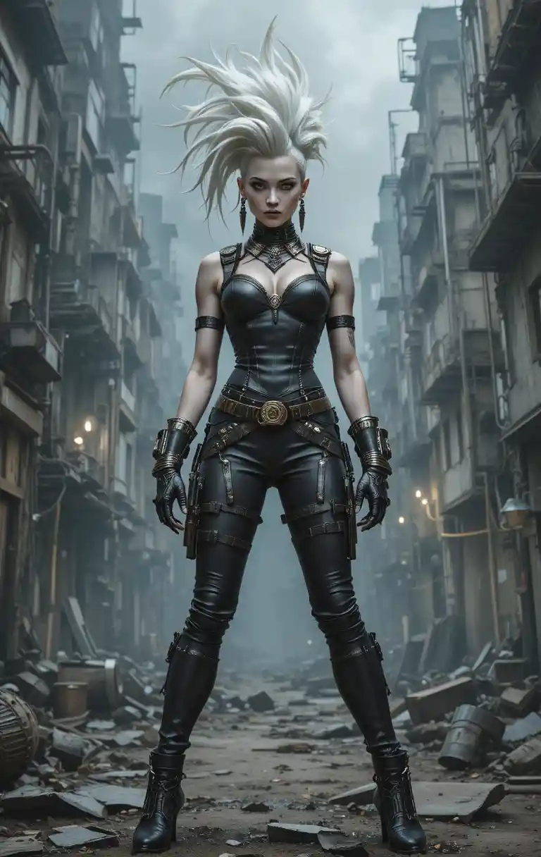 White Mohawk Warrior Woman In Smoky Ruined City Street