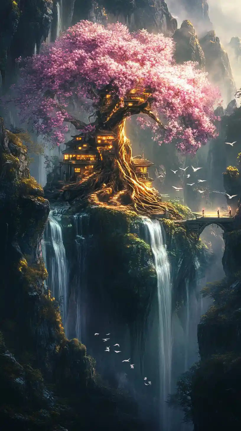 Ancient glowing tree rising among mystical floating islands