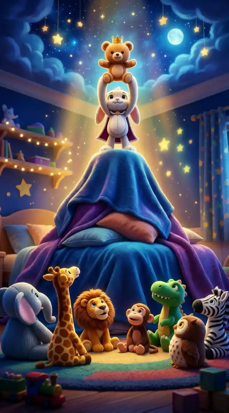 Plush rabbit crowns a tiny teddy king atop blanket mountain
