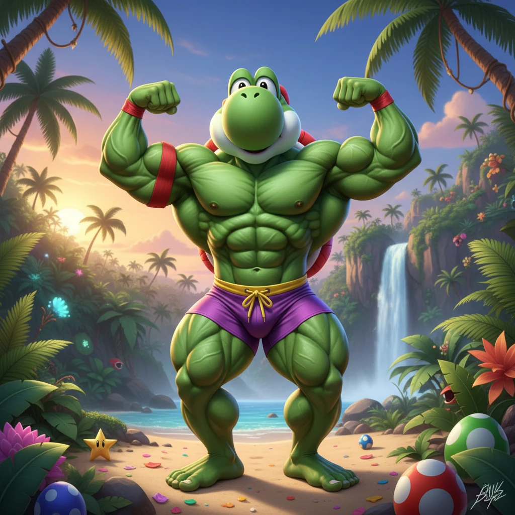 Muscular cartoon dinosaur bodybuilder on tropical island