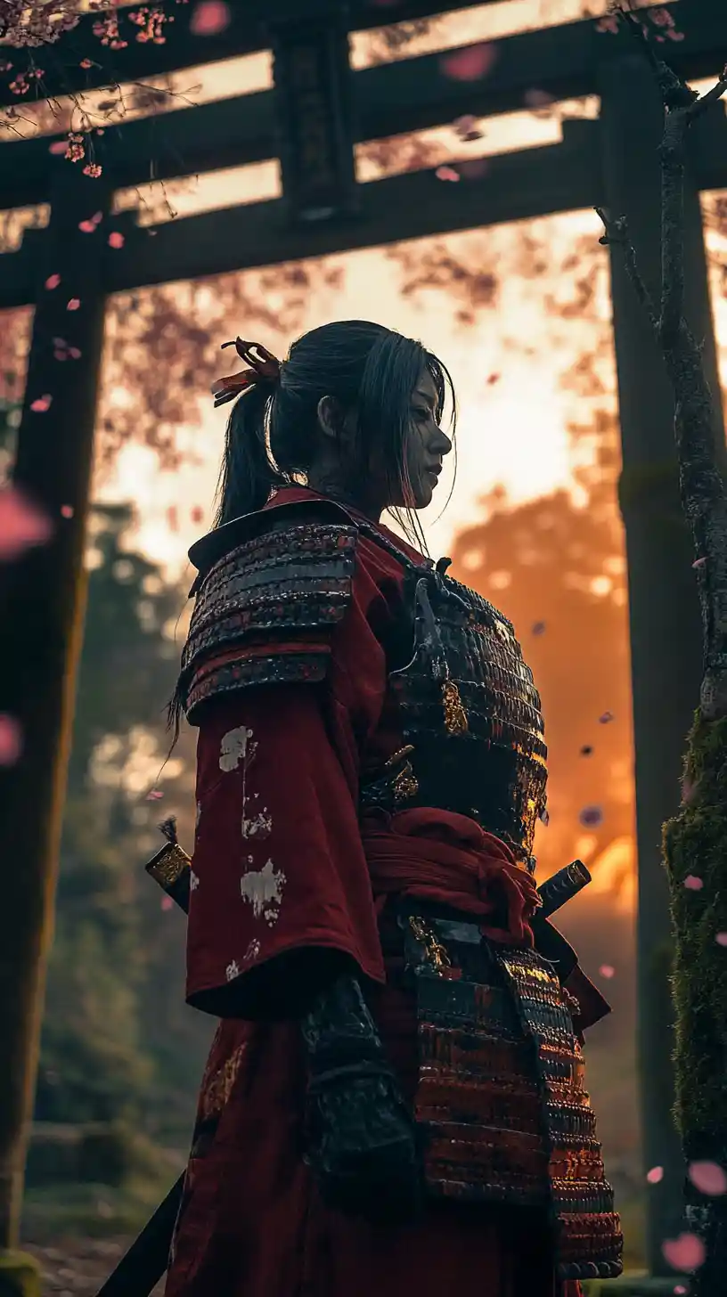 Japanese warrior woman before a ruined torii at sunset