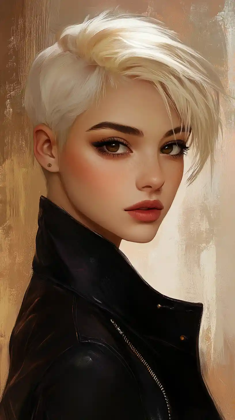 Intense platinum haired woman in purple jacket portrait