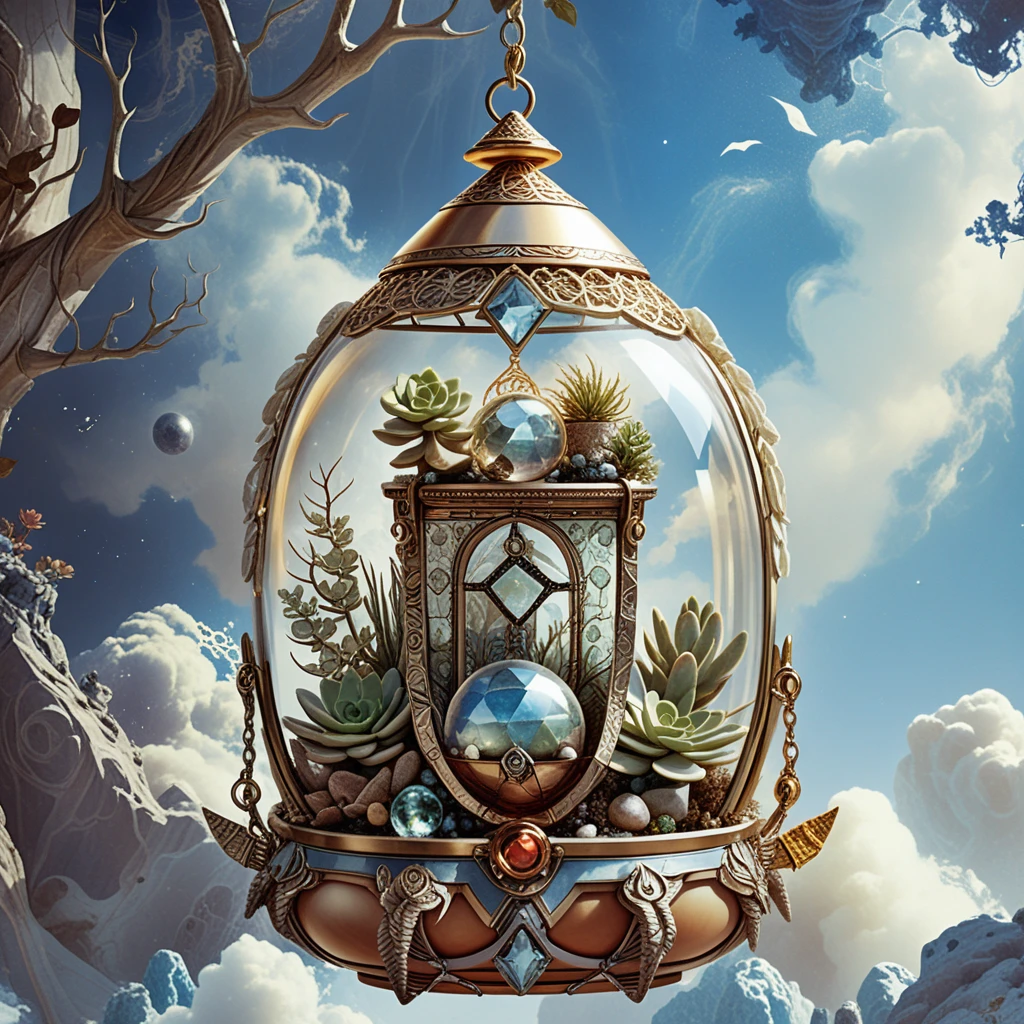 Mystical glass terrarium revealing an occult fantasy world