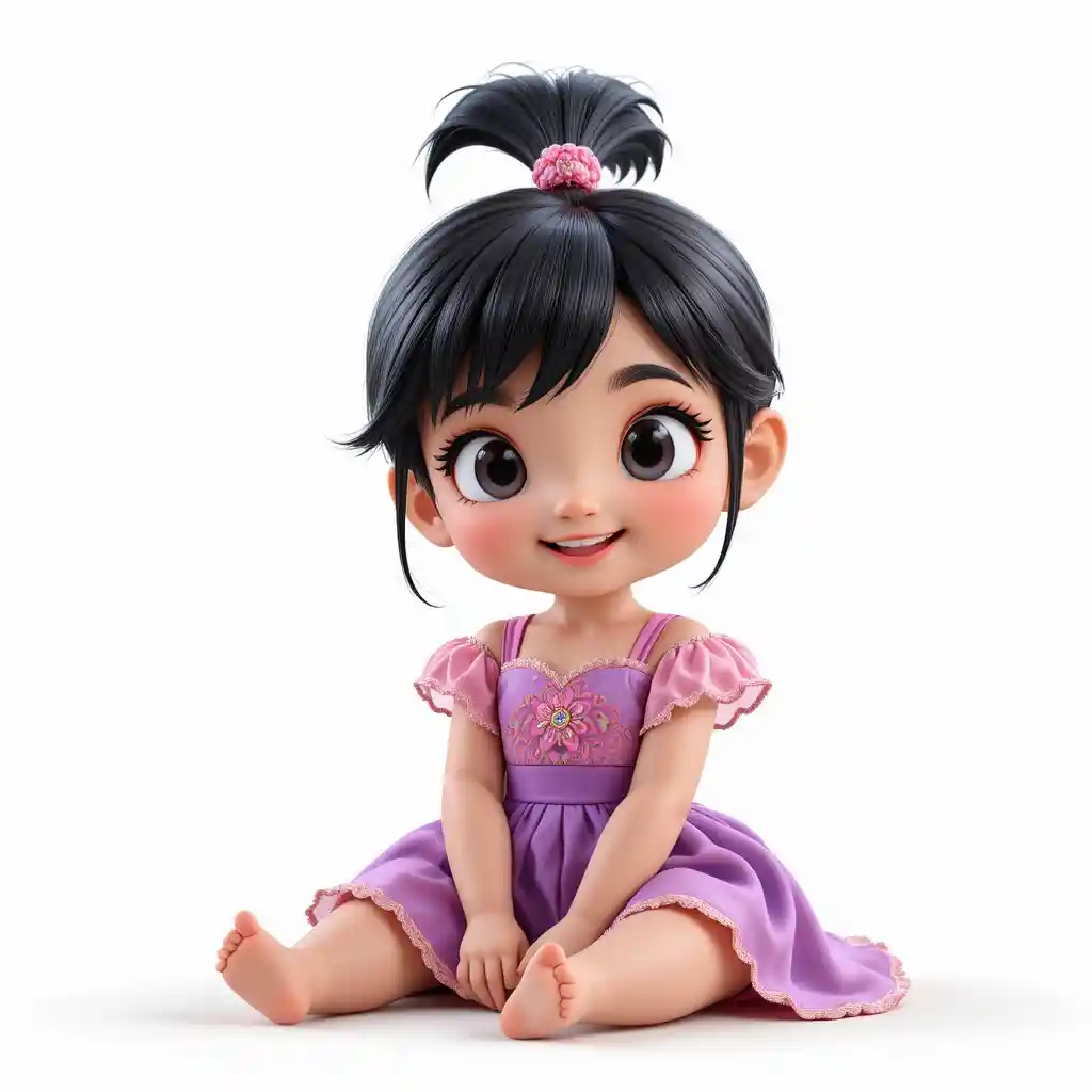 Cute 3D cartoon girl sitting happily on white background