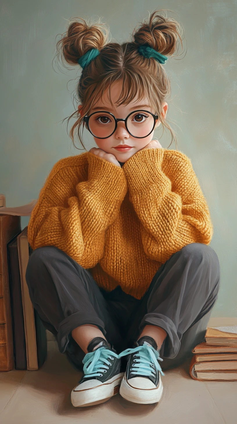 Thoughtful girl in glasses sitting cross legged indoors