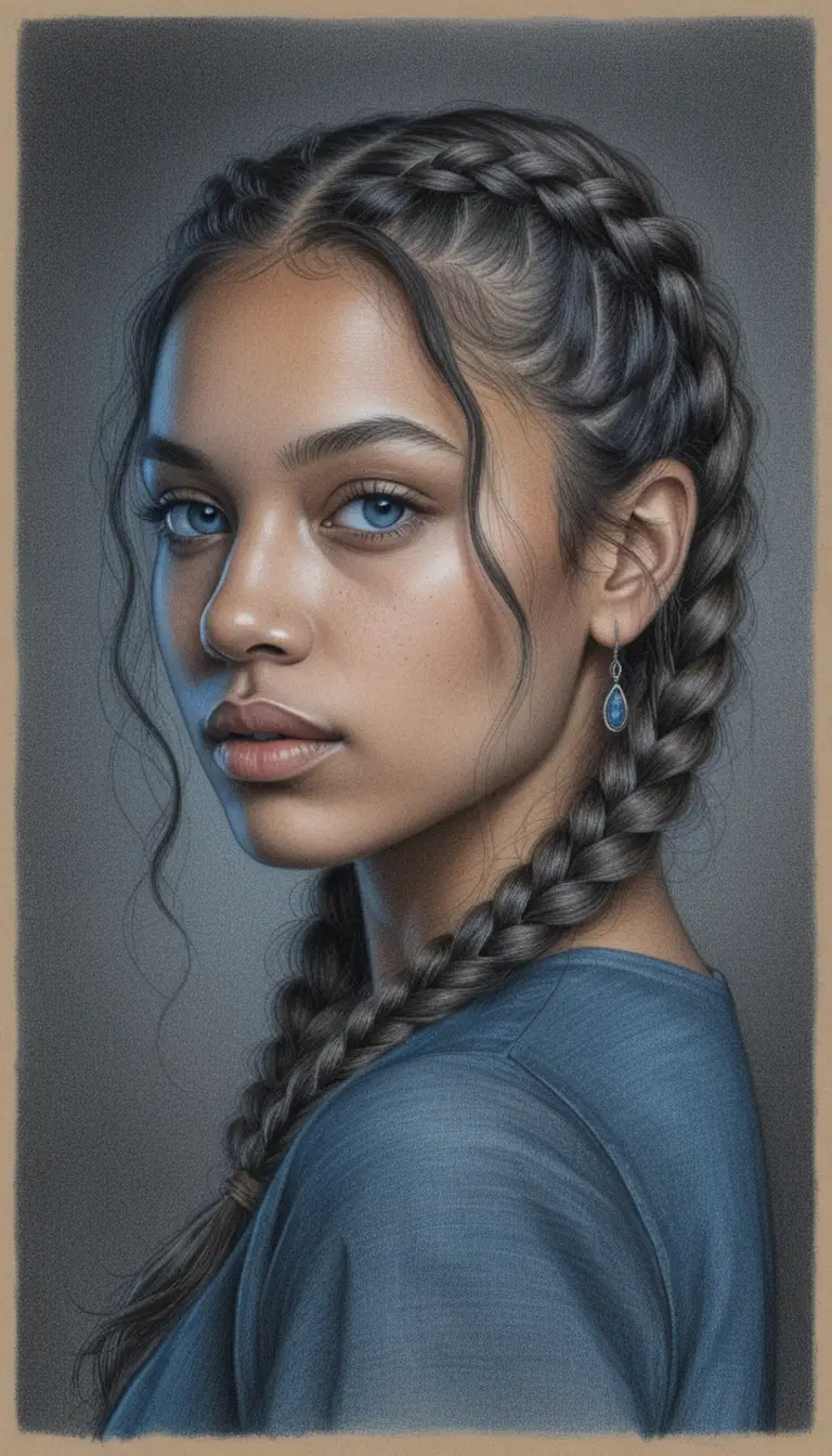Young woman portrait with braids in dramatic chiaroscuro lighting