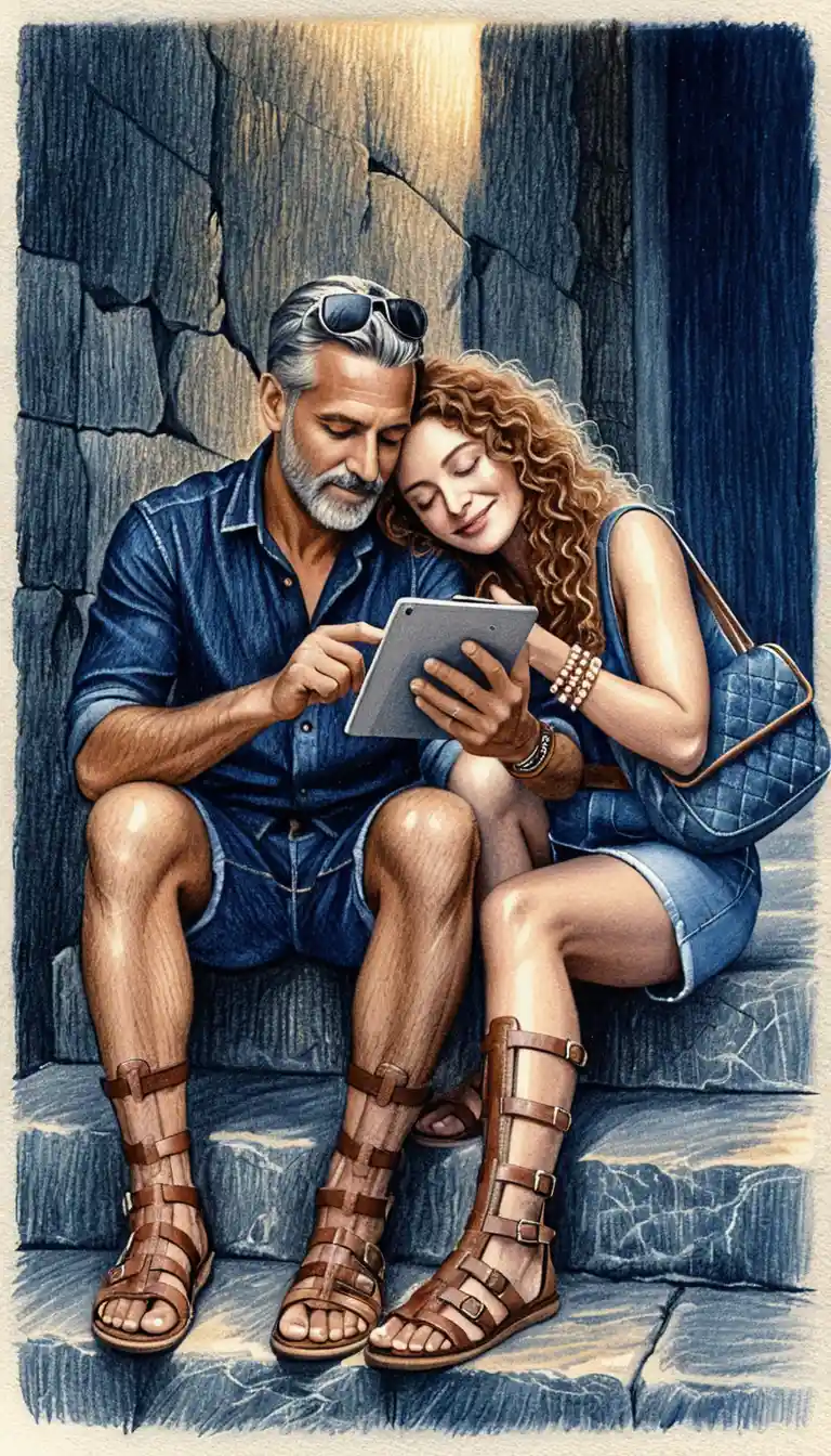 Tender couple on stone steps in colored pencil drawing