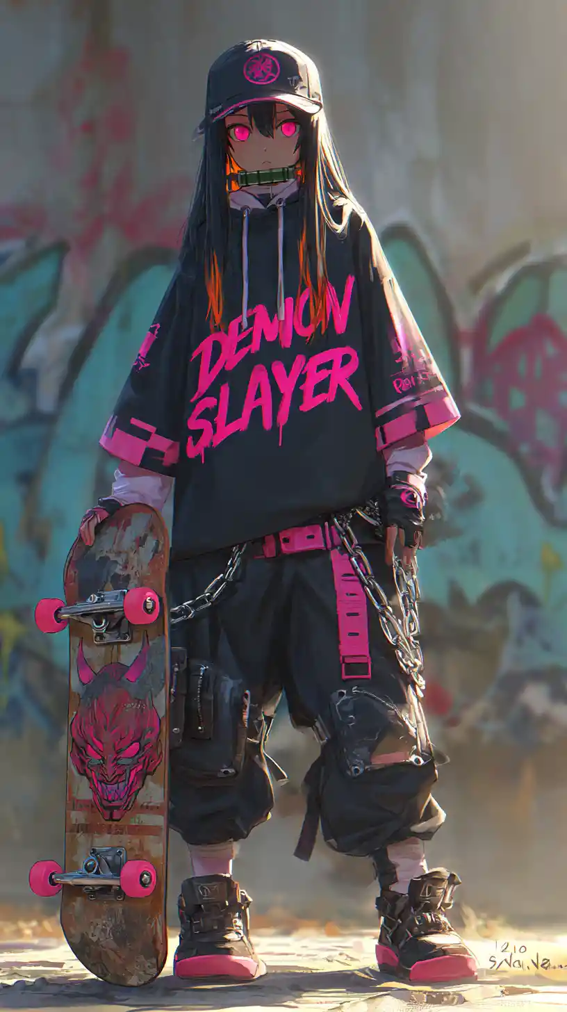 Anime streetwear girl with skateboard in urban alley