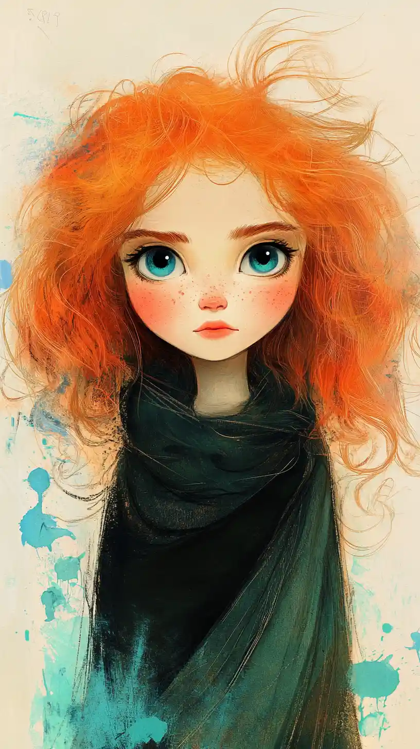 Red haired girl portrait in dreamy watercolor illustration