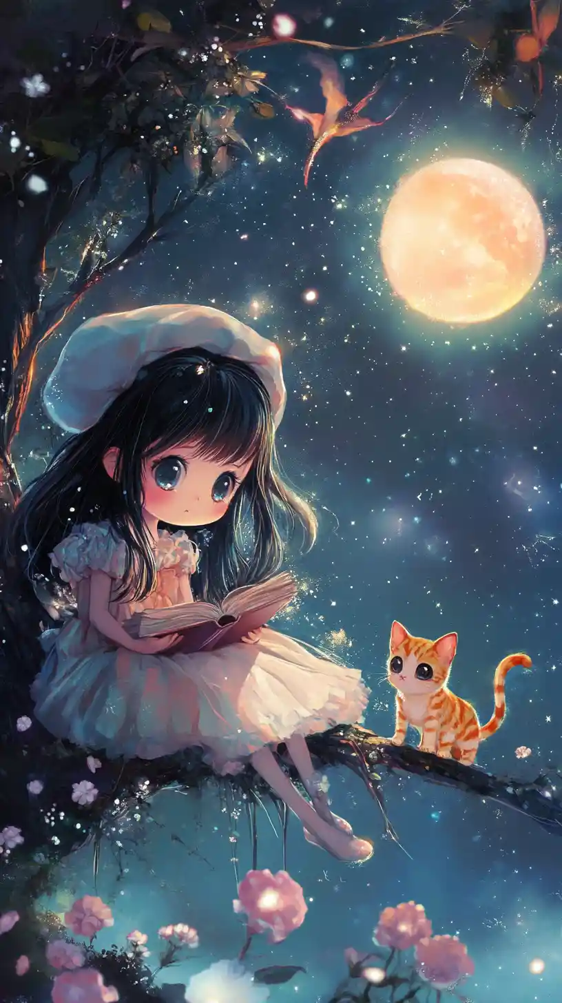 Chibi girl reading with a cat on a glowing leaf