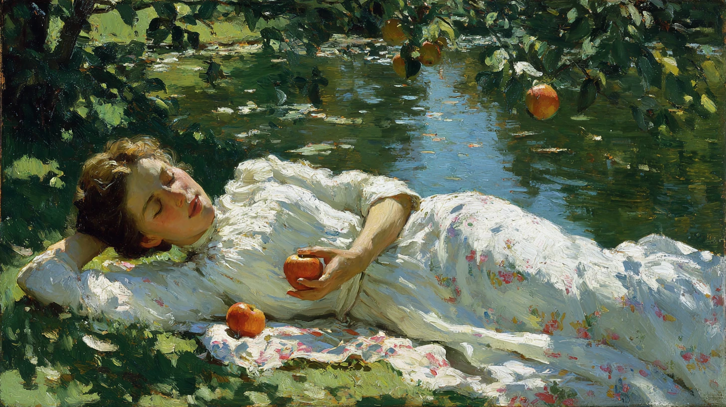 Young woman resting on a riverside picnic blanket