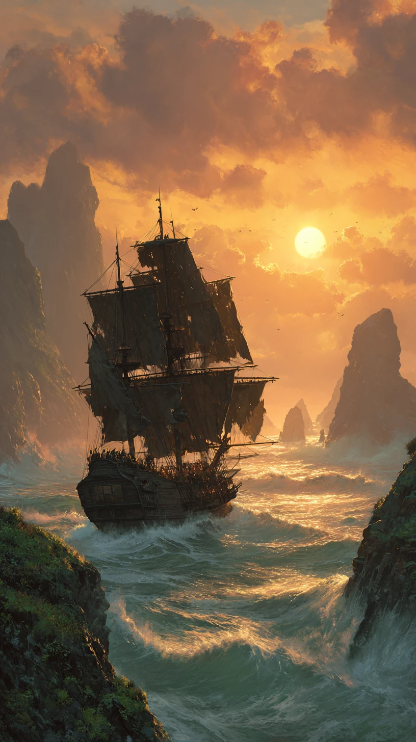 Pirate ship charging through stormy sunset seascape