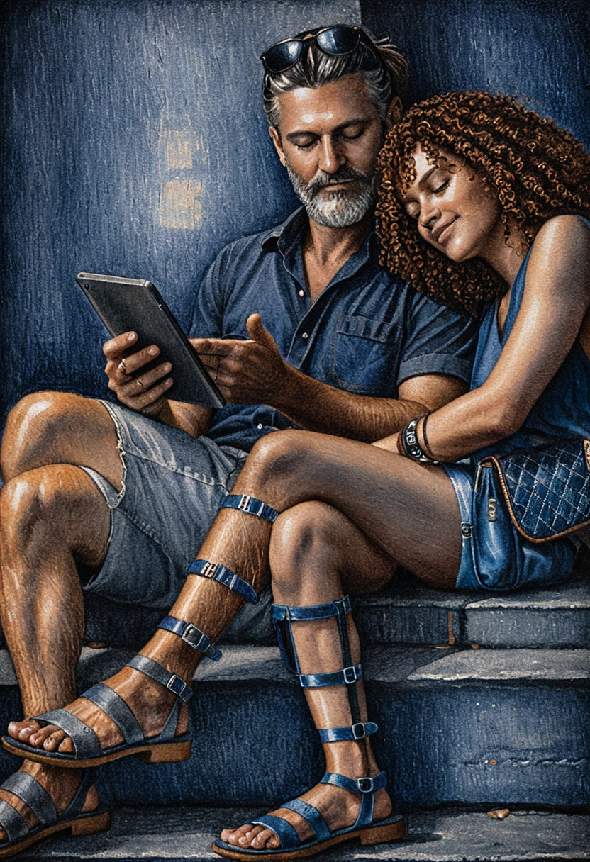 Tender couple on stone steps in colored pencil drawing