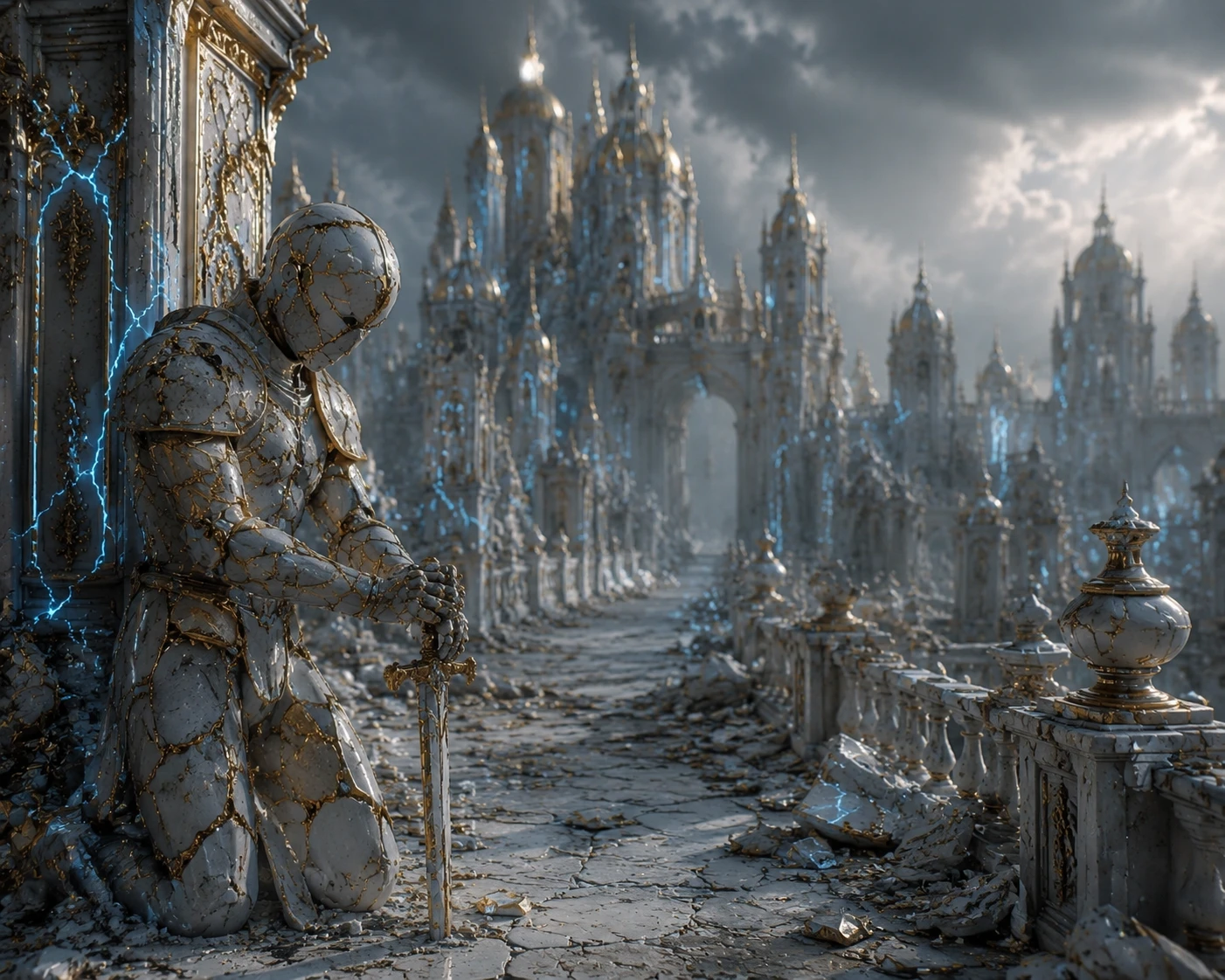 Porcelain fantasy city with cracked glowing guardian statue