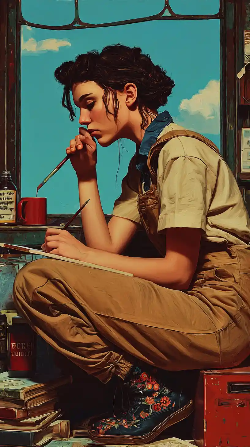 Young woman painting alone in a sunlit attic studio