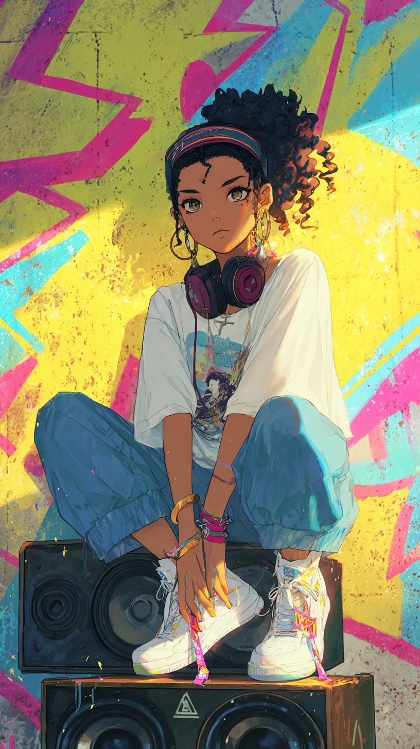 Anime girl sitting on speaker against colorful graffiti wall