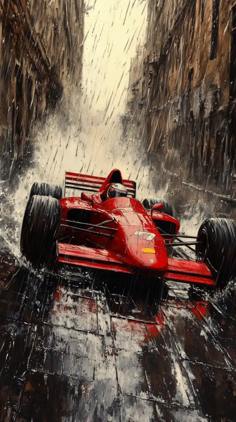 Red formula race car drifting on wet cobblestone street