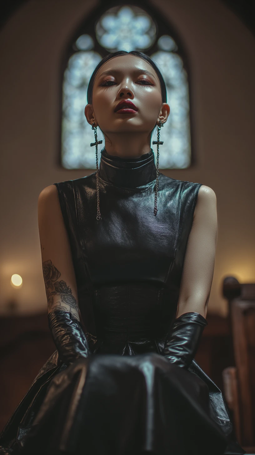 Tattooed woman in black dress seated in church pew