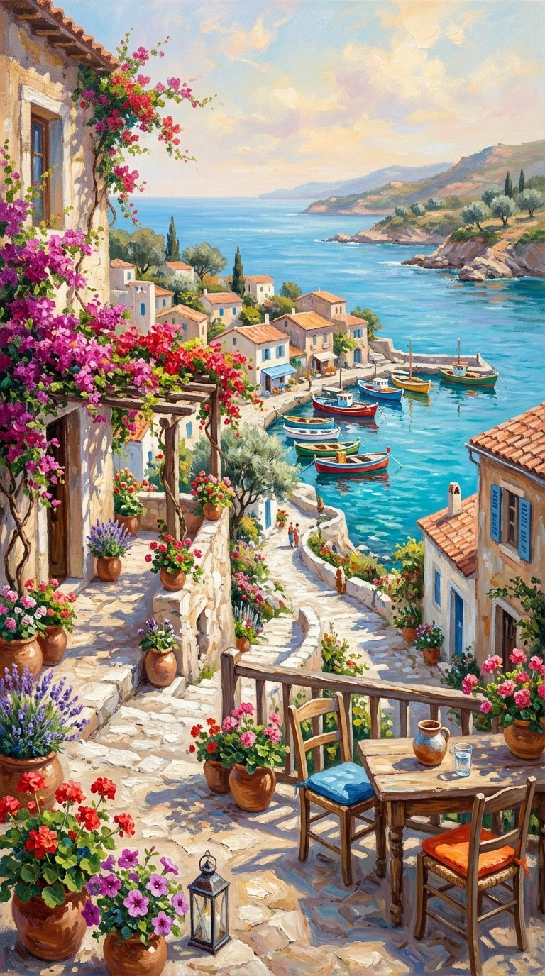 Sunlit terrace above a tranquil Mediterranean harbor