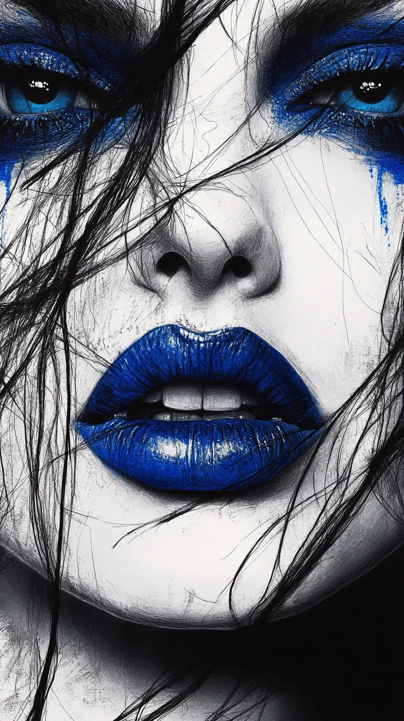 Intense close up sketch of a woman with blue makeup
