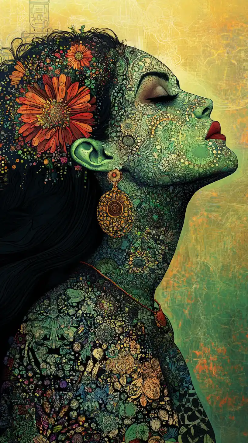 Ornamental woman in glowing mosaic and floral adornment