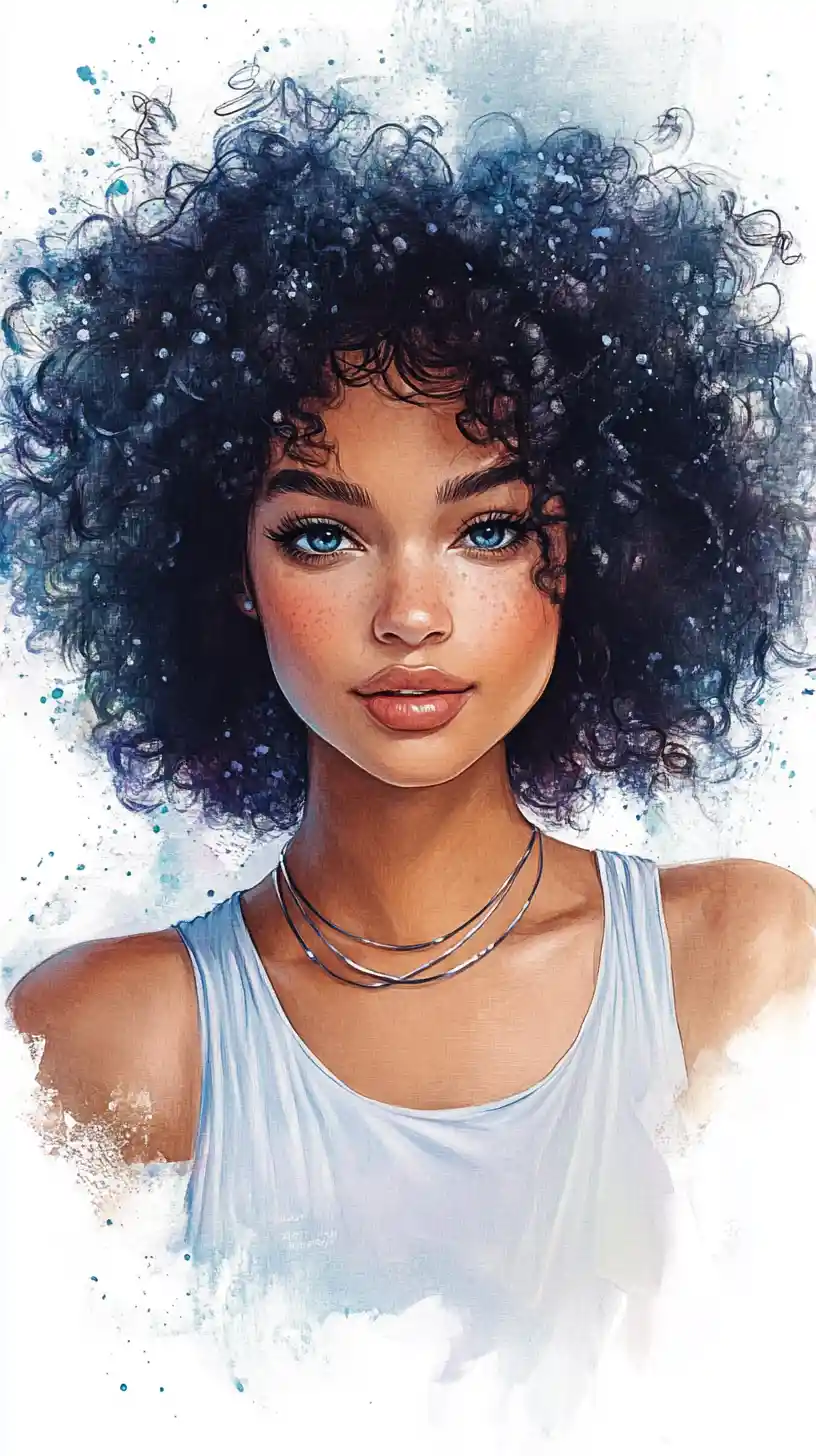 Turquoise eyed girl in radiant watercolor style portrait