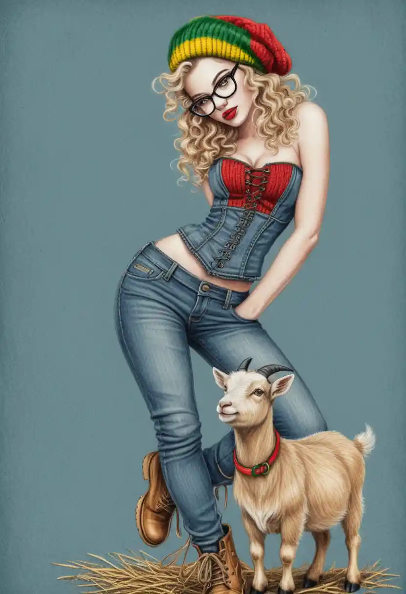 Curvy pin up woman in denim with pygmy goat companion