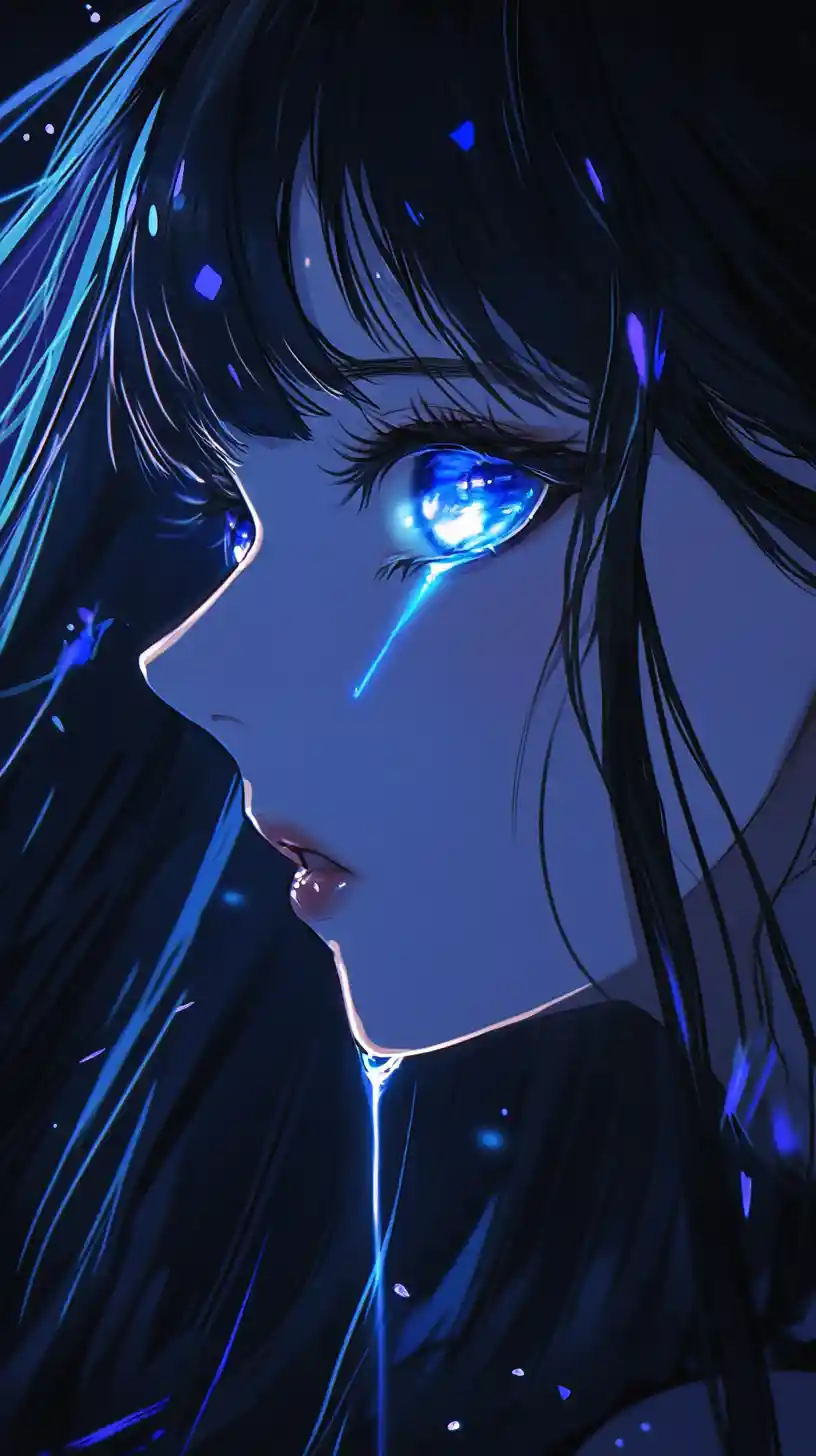Melancholic Anime Woman In Neon Blue Close Up Portrait