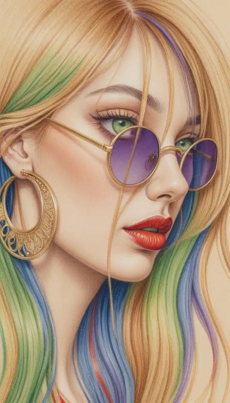Color pencil portrait of woman with rainbow flowing hair