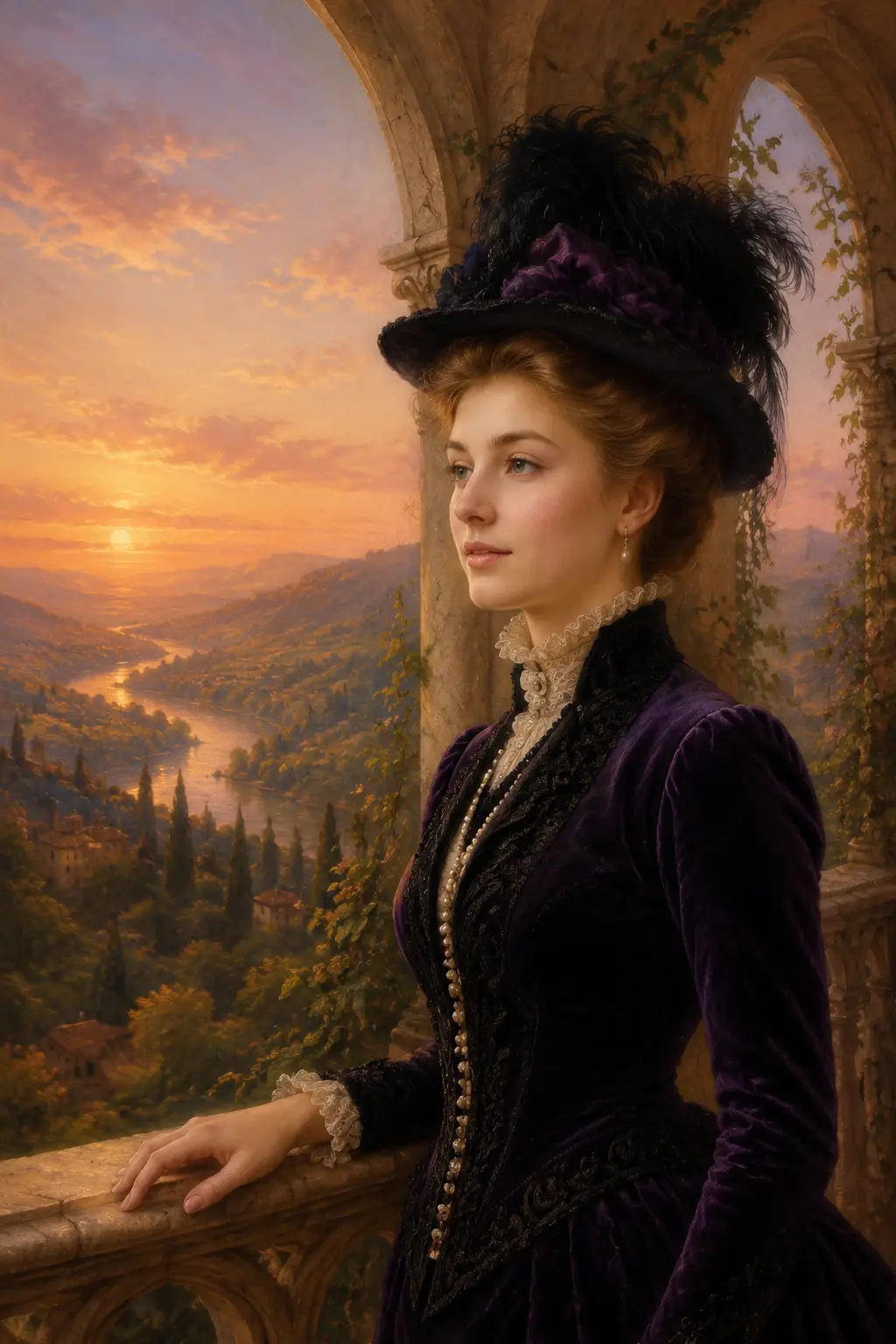 Mujer victoriana en un balcón al amanecer sobre un valle toscano