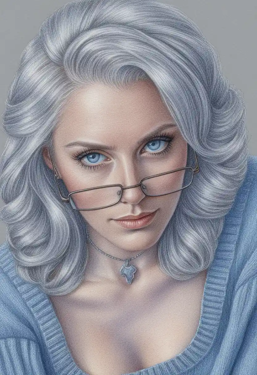 Silver haired woman portrait with glasses and blue sweater