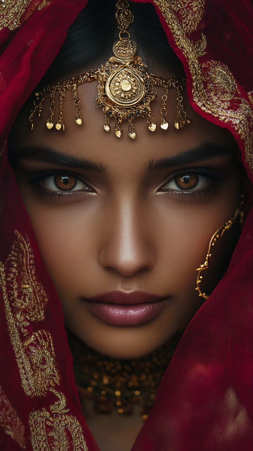 Mysterious Indian Woman Behind Red Veil With Gold Jewelry