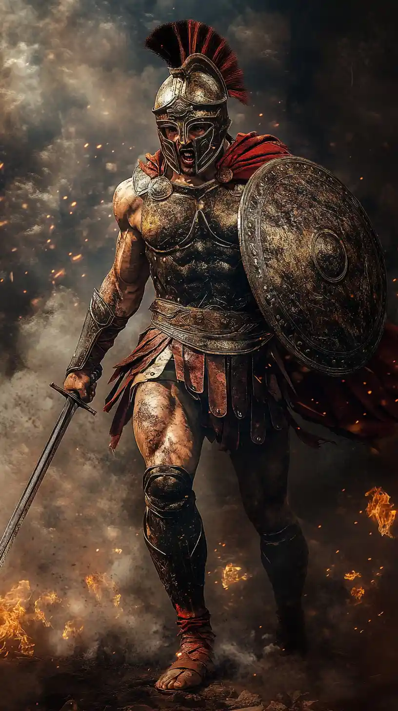 Spartan warrior poised for battle in smoky golden light