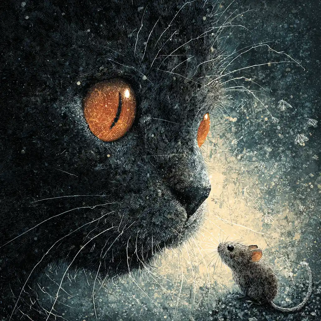 Cute cat with big eyes meeting a tiny mouse
